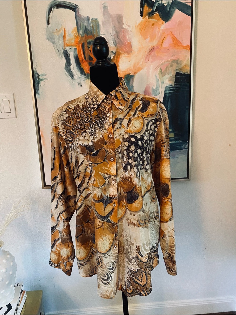 Roberto Cavalli Silk Brown and Tan Abstract Feather-Print Button-Down Shirt